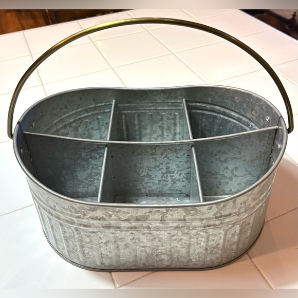 NWT, Better Homes & Gardens Galvanized Silver Utensil Caddy, Brass Tone Handle - Picture 2 of 8